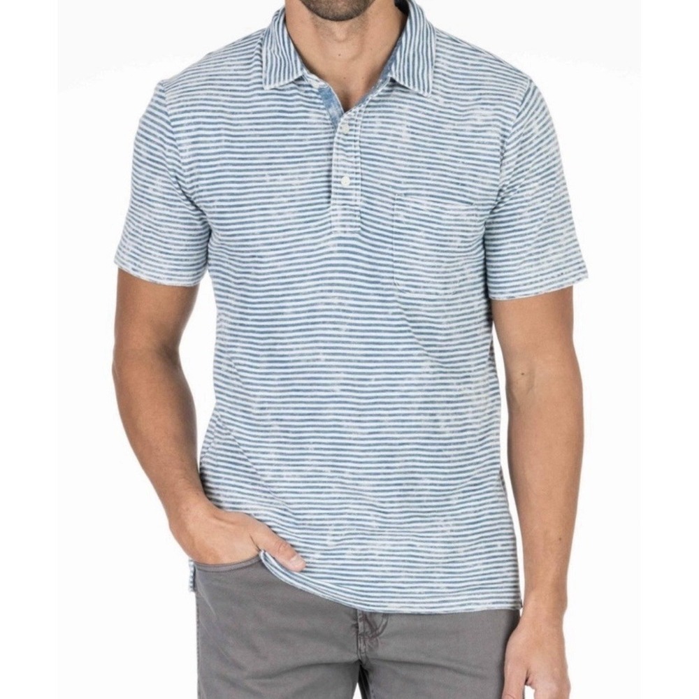 Faherty Short Sleeve Indigo Stripe Polo Salt Wash XLarge Preppy Retails $88